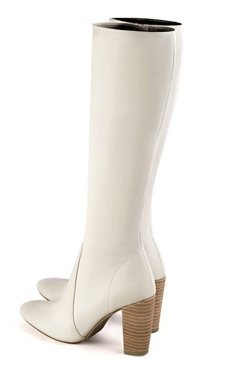 Off white women's feminine knee-high boots. Round toe. High block heels. Made to measure. Rear view - Florence KOOIJMAN